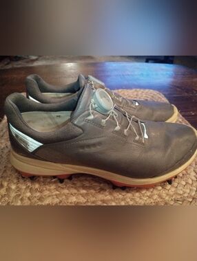 ECCO Gore-Tex Boa Gray Leather Orange Bottom Metal Spikes Men's Golf Shoes 7.5